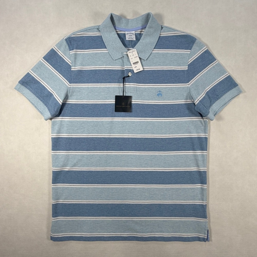 Brooks Brothers Mens L Blue Striped Golden Fleece Performance Pique‎ Polo Shirt